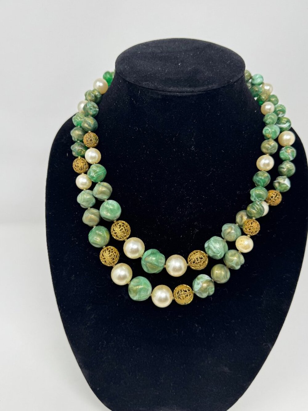 Vintage Green Swirl Lucite Faux Pearl Double Strand Necklace